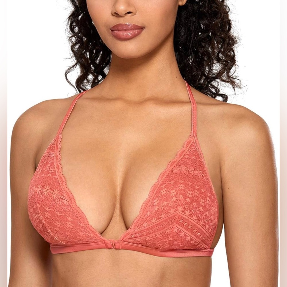 Victoria’s Secret Lace Halter Bralette in Coral open front lace racerback Small